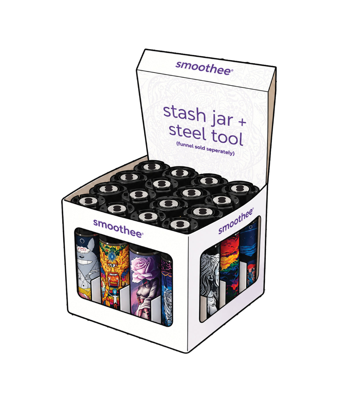a gallery box of 16 smoothee units in a display box—each label is a unique design
