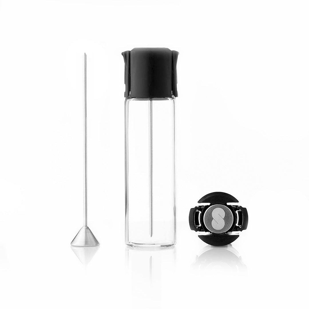 smoothee components include glass vial, cap and steel stem.